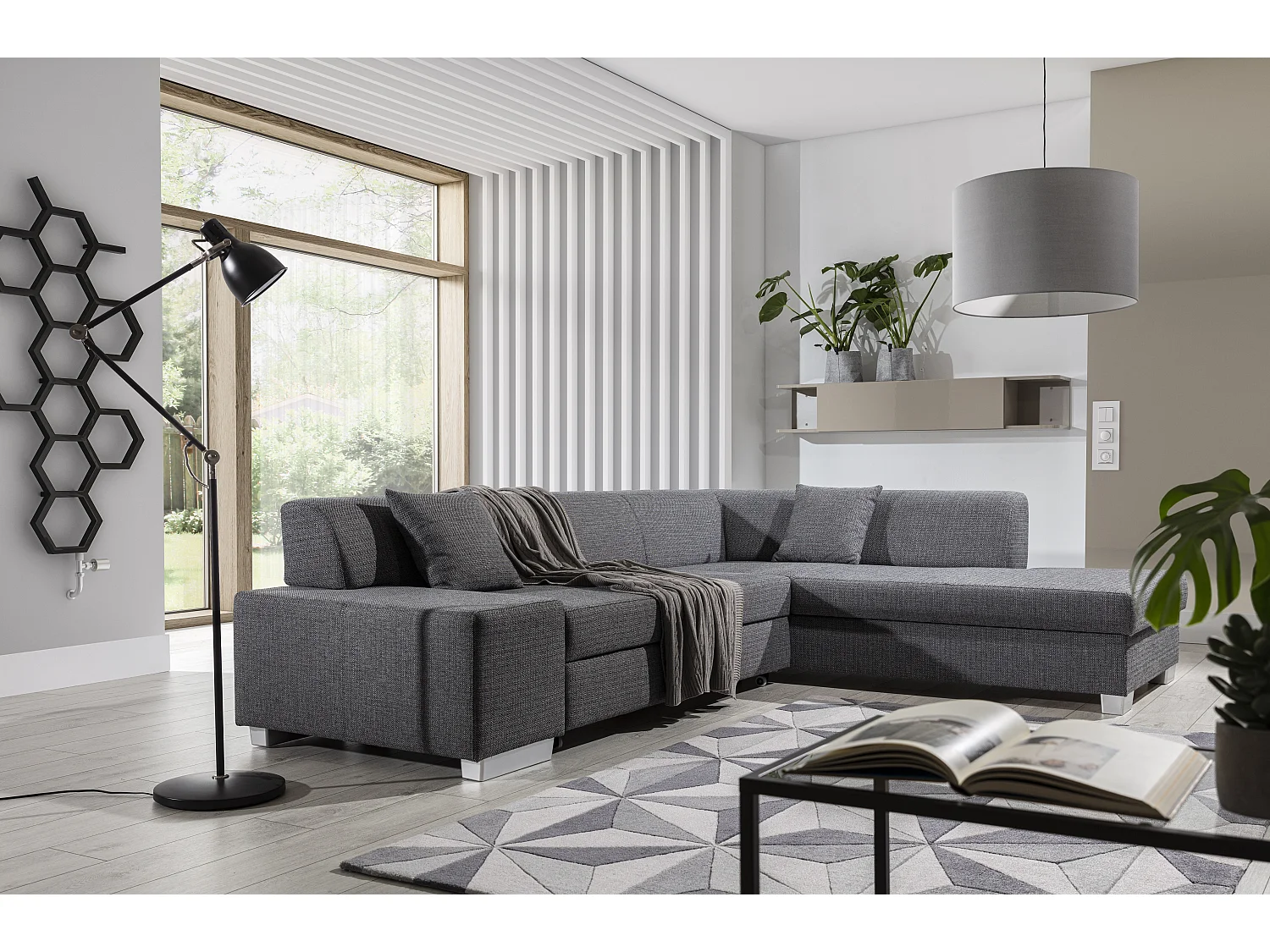 Canapé convertible moderne angle gauche tissu marron et simili cuir beige Plazo 278cm