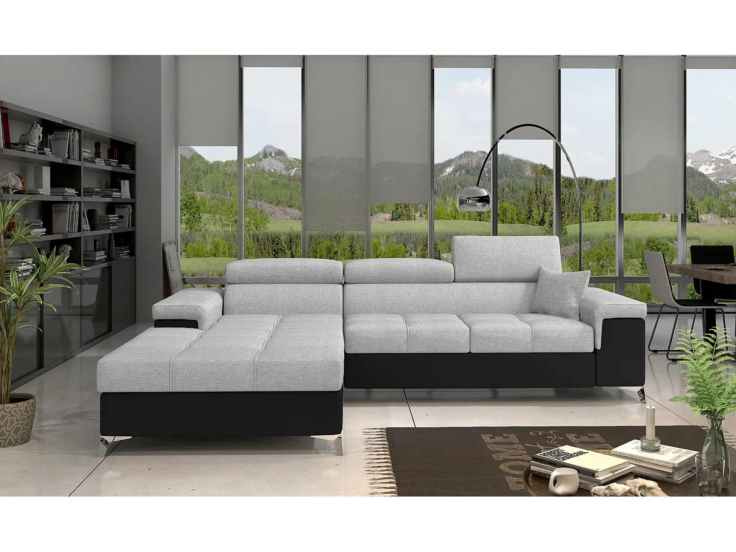 Canapé angle gauche convertible tissu gris clair et simili noir avec appuis-tête réglables Rikaro 280cm