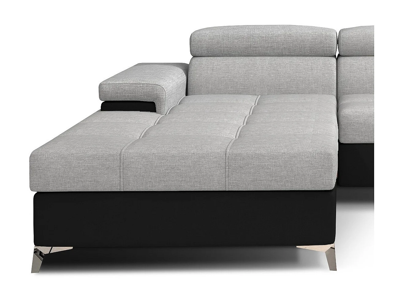 Canapé angle gauche convertible tissu gris clair et simili noir avec appuis-tête réglables Rikaro 280cm