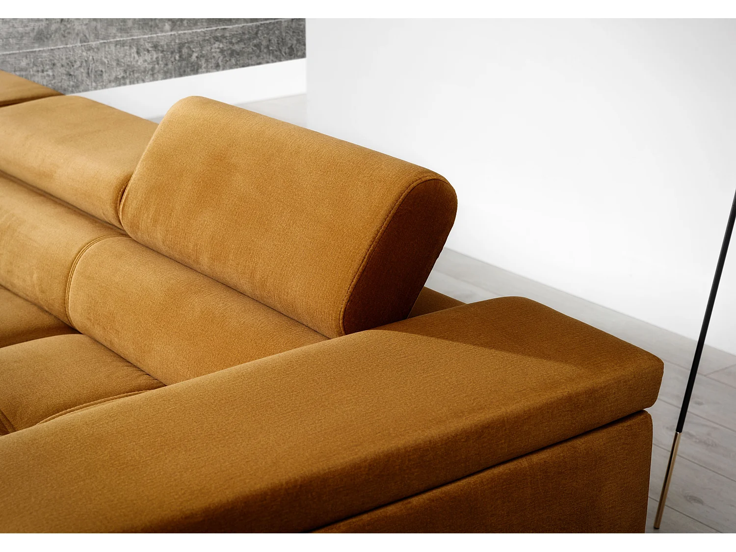 Canapé angle gauche convertible tissu gris clair et simili noir avec appuis-tête réglables Rikaro 280cm