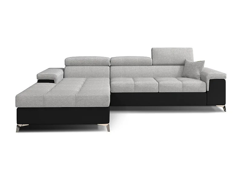 Canapé angle gauche convertible tissu gris clair et simili noir avec appuis-tête réglables Rikaro 280cm