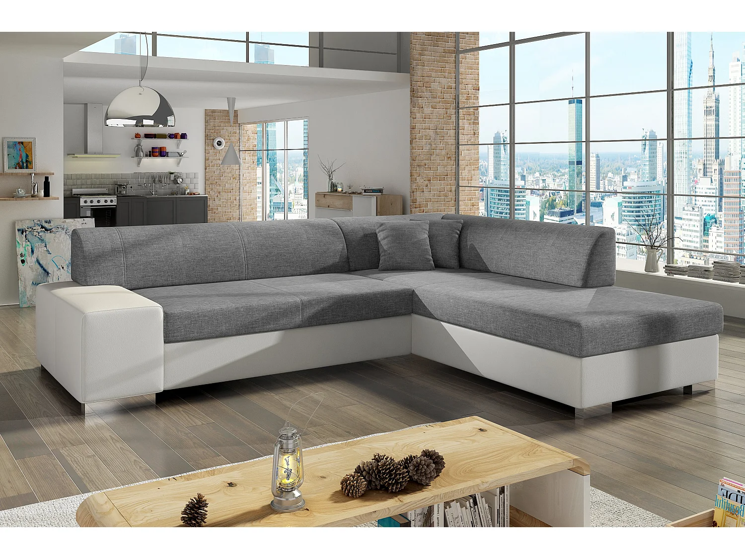 Moderne slaapbank haaks lichtgrijs gemêleerde stof en wit kunstleer Plazo 278 cm