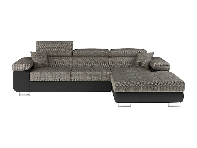 Canapé d'angle convertible Bi matière appuis-tête réglables KALIZO - Coffre et pieds acier chromé-Noir/Gris chiné-angle droit