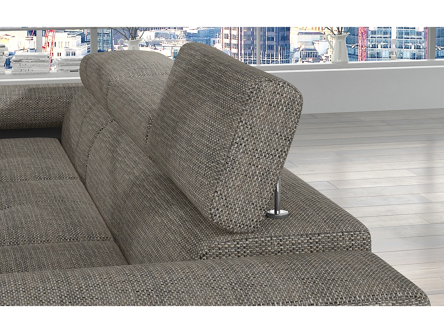 Canapé d'angle convertible Bi matière appuis-tête réglables KALIZO - Coffre et pieds acier chromé-Noir/Gris chiné-angle droit