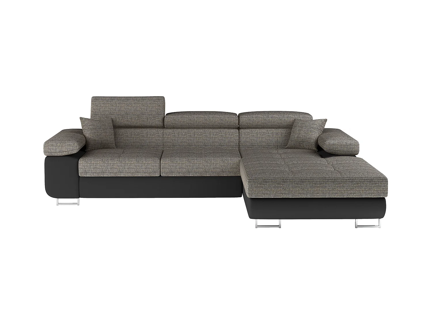 Canapé d'angle convertible Bi matière appuis-tête réglables KALIZO - Coffre et pieds acier chromé-Noir/Gris chiné-angle droit