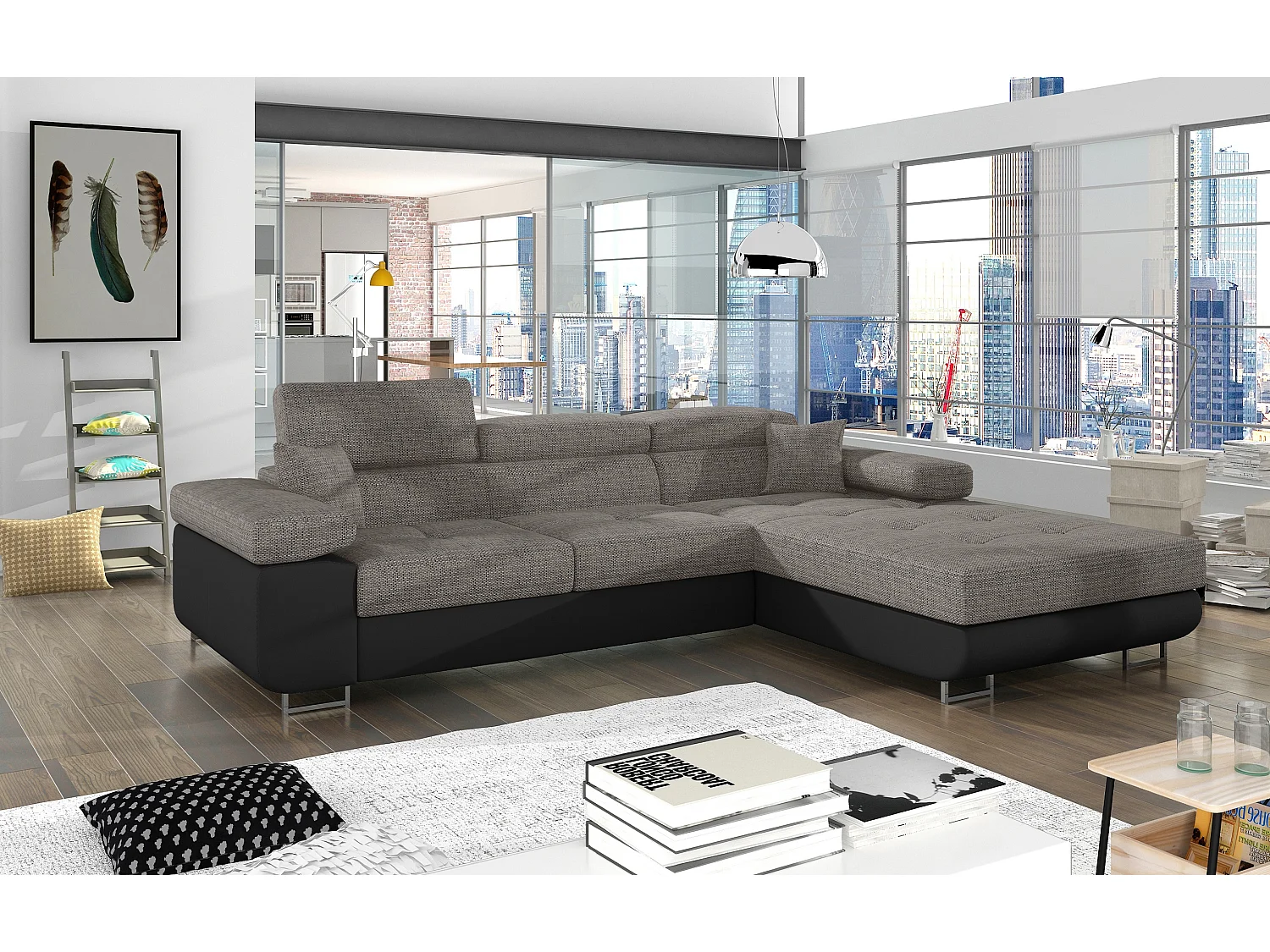 Canapé d'angle convertible Bi matière appuis-tête réglables KALIZO - Coffre et pieds acier chromé-Noir/Gris chiné-angle droit