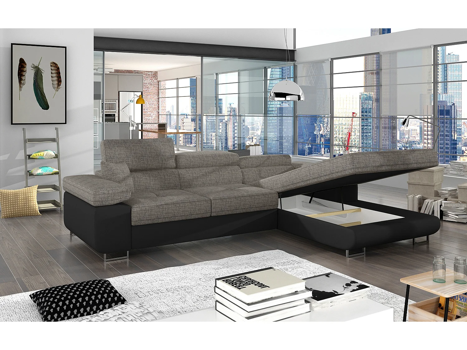 Canapé d'angle convertible Bi matière appuis-tête réglables KALIZO - Coffre et pieds acier chromé-Noir/Gris chiné-angle droit