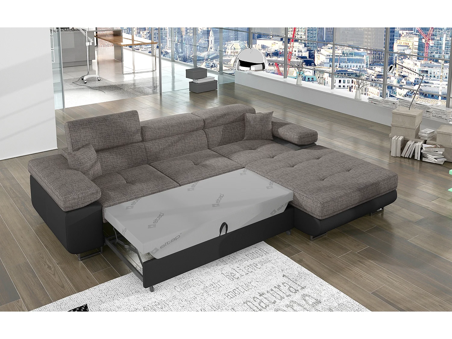 Canapé d'angle convertible Bi matière appuis-tête réglables KALIZO - Coffre et pieds acier chromé-Noir/Gris chiné-angle droit