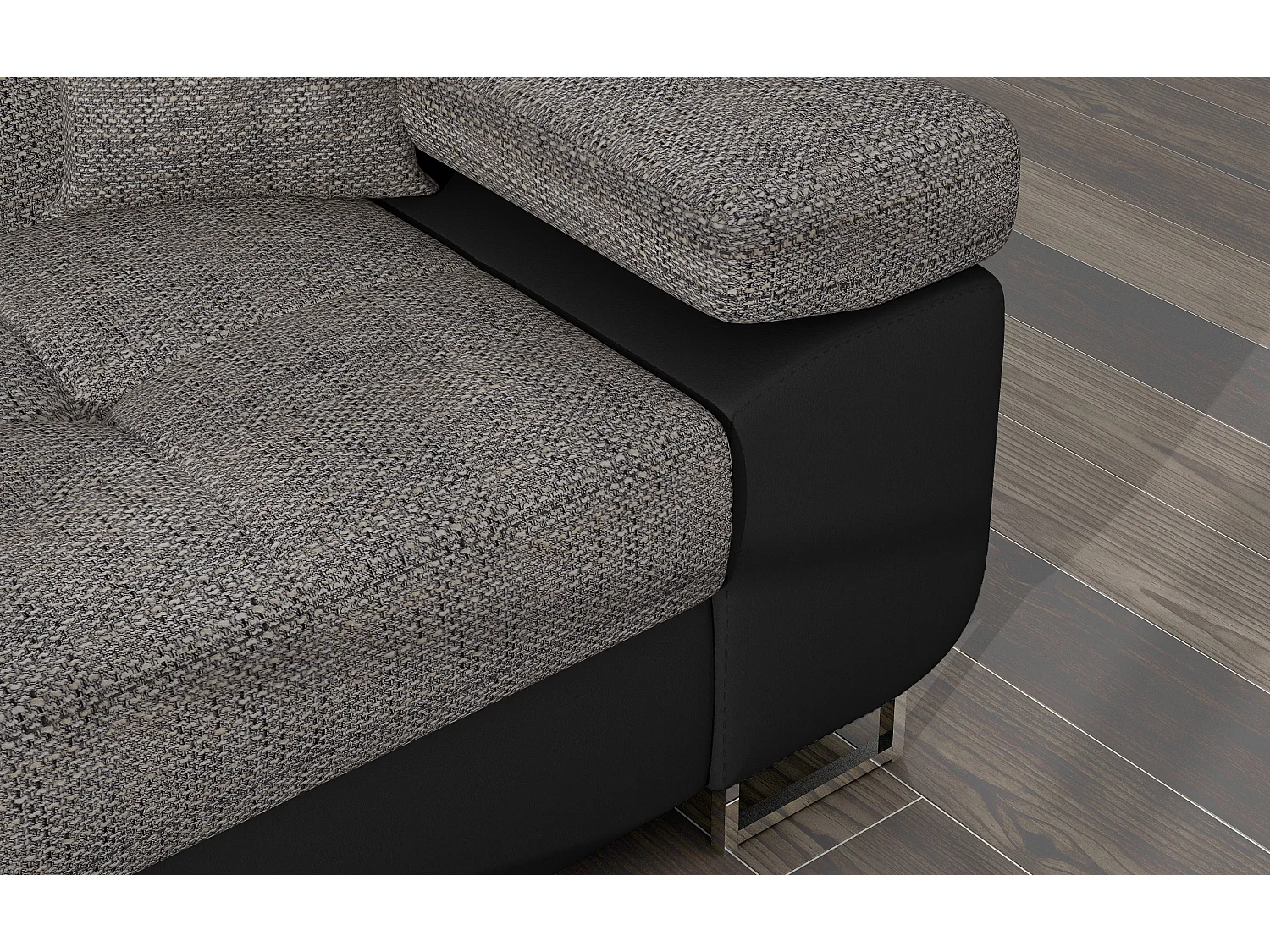 Canapé d'angle convertible Bi matière appuis-tête réglables KALIZO - Coffre et pieds acier chromé-Noir/Gris chiné-angle droit