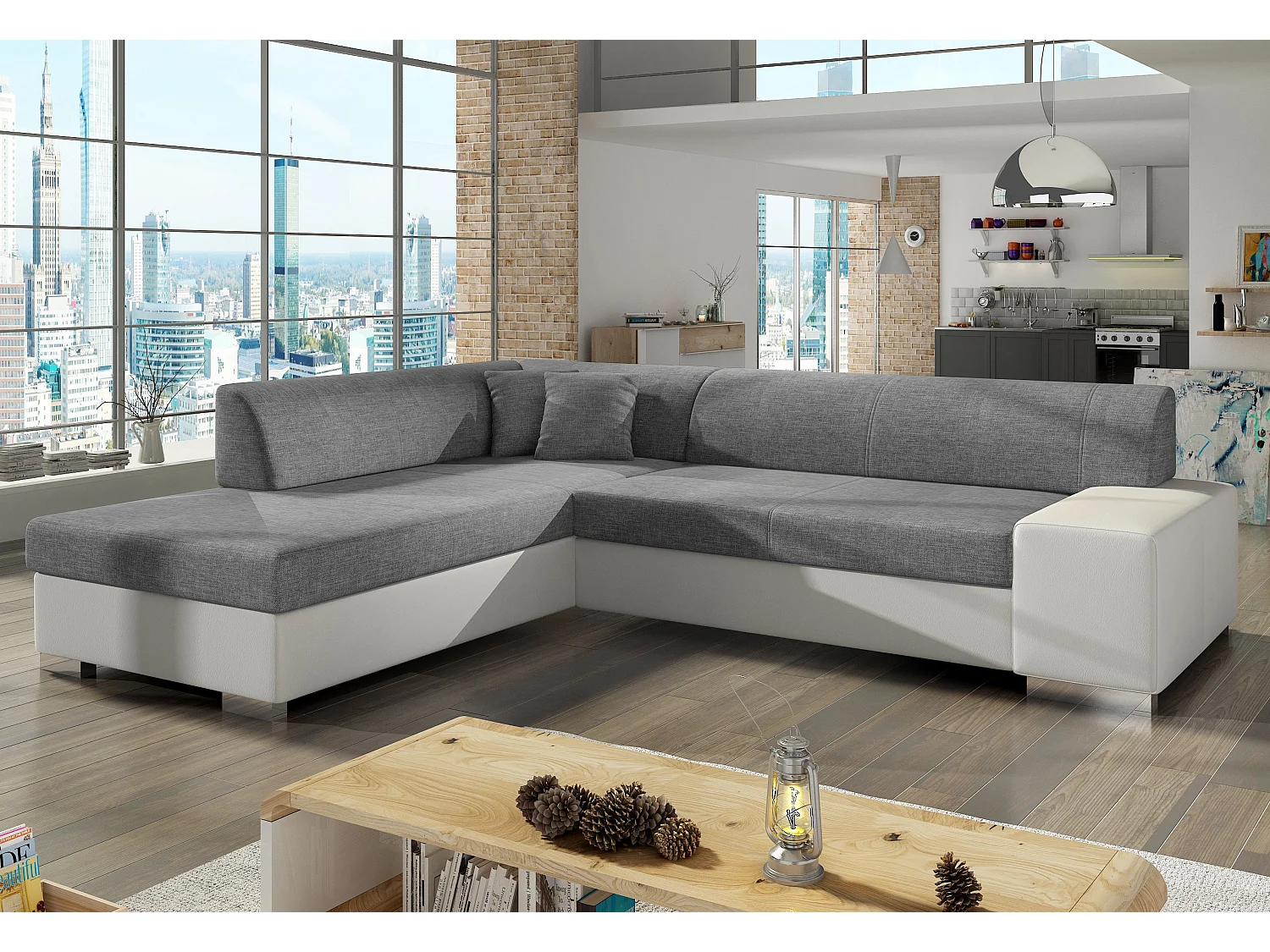 Canapé convertible moderne angle gauche gris clair chiné et simili cuir blanc Plazo 278cm