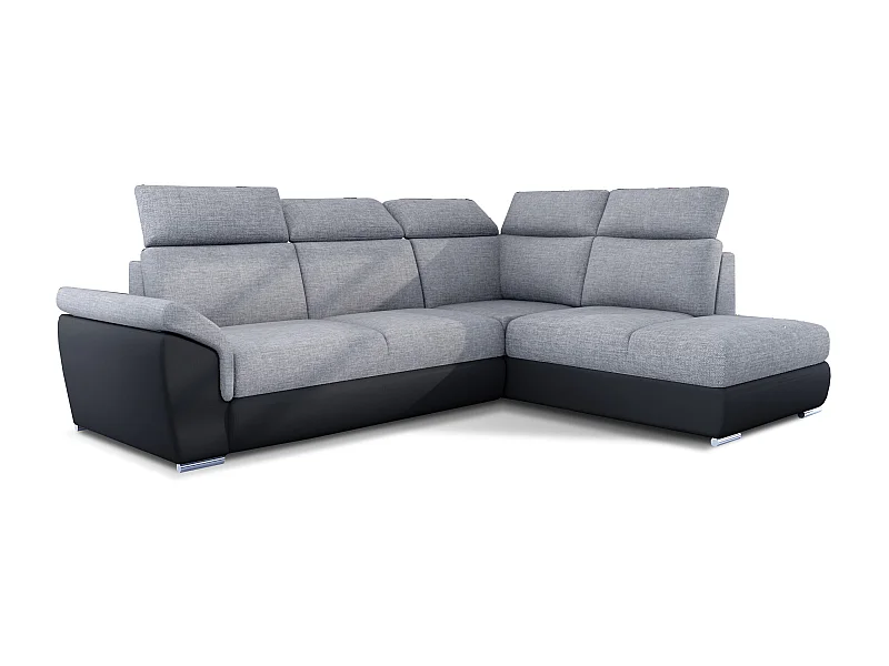 Canapé angle droit convertible tissu gris clair et simili cuir noir avec appuis-tête réglables Kepita 260cm
