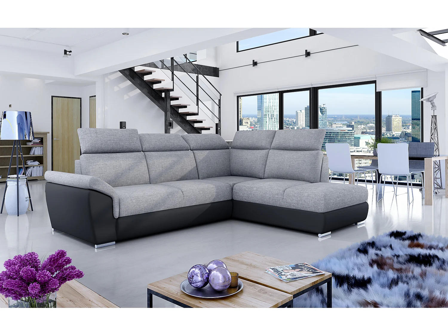 Canapé angle droit convertible tissu gris clair et simili cuir noir avec appuis-tête réglables Kepita 260cm