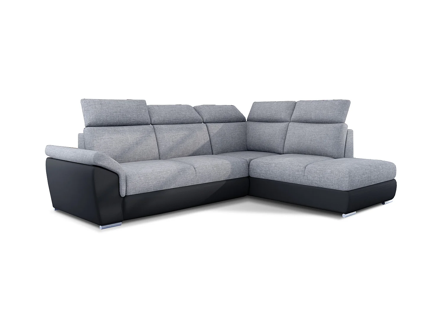 Canapé angle droit convertible tissu gris clair et simili cuir noir avec appuis-tête réglables Kepita 260cm