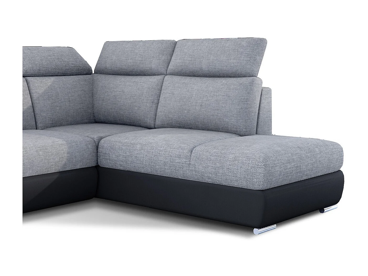 Canapé angle droit convertible tissu gris clair et simili cuir noir avec appuis-tête réglables Kepita 260cm