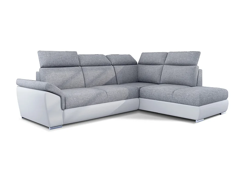 Canapé angle droit convertible tissu gris clair et simili blanc avec appuis-tête réglables Kepita 260cm