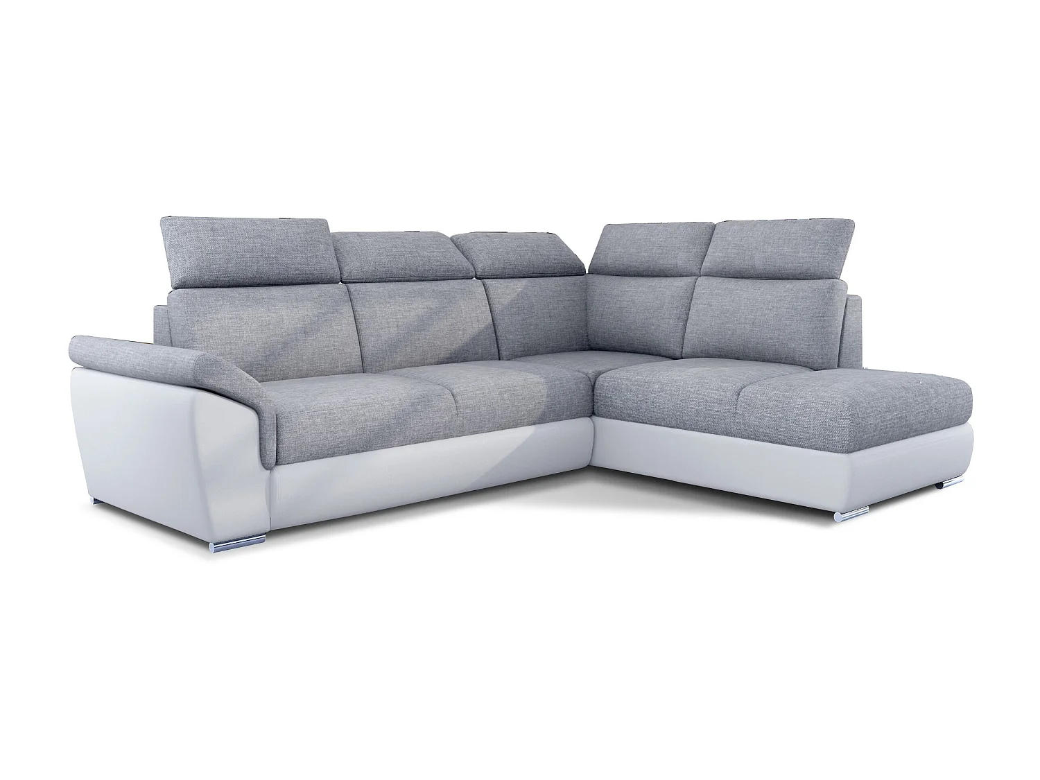 Canapé angle droit convertible tissu gris clair et simili blanc avec appuis-tête réglables Kepita 260cm