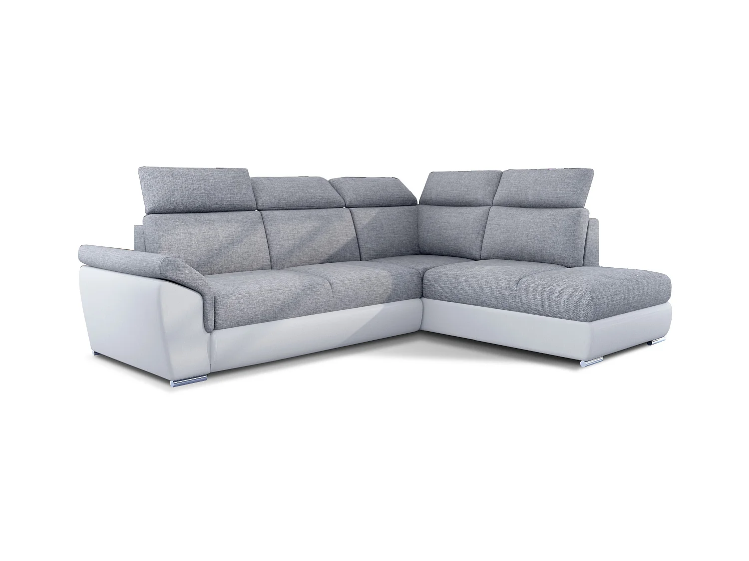 Canapé angle droit convertible tissu gris clair et simili blanc avec appuis-tête réglables Kepita 260cm