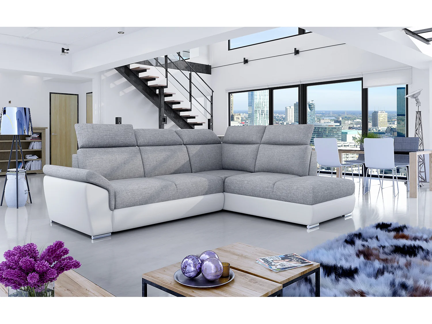 Canapé angle droit convertible tissu gris clair et simili blanc avec appuis-tête réglables Kepita 260cm