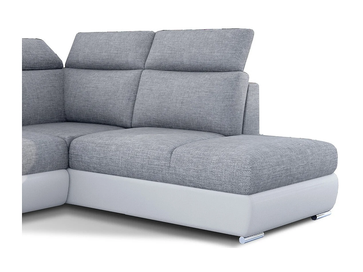 Canapé angle droit convertible tissu gris clair et simili blanc avec appuis-tête réglables Kepita 260cm