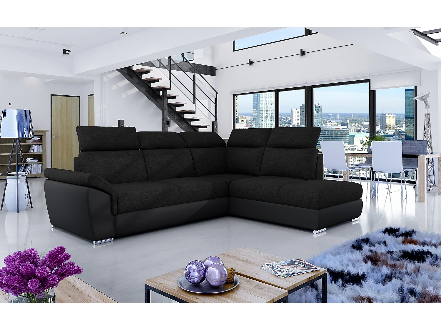 Canapé angle droit convertible tissu et simili cuir noir avec appuis-tête réglables Kepita 260cm