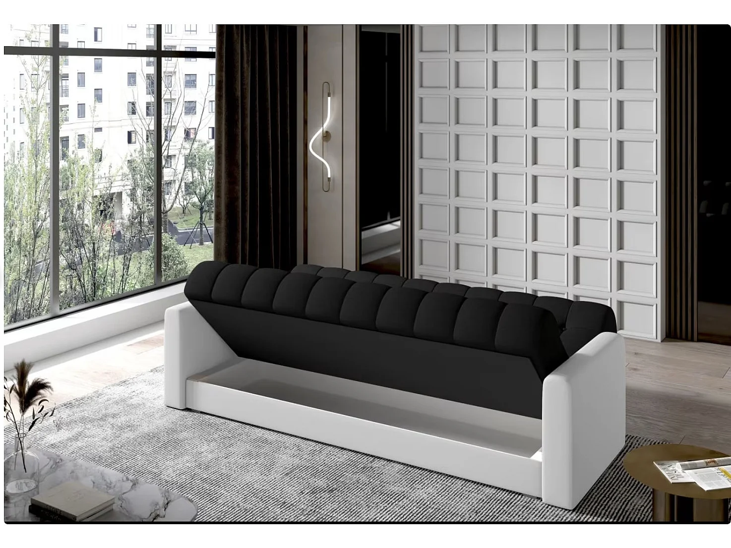 3-zits slaapbank in zwarte stof en wit kunstleer Barote 210 cm