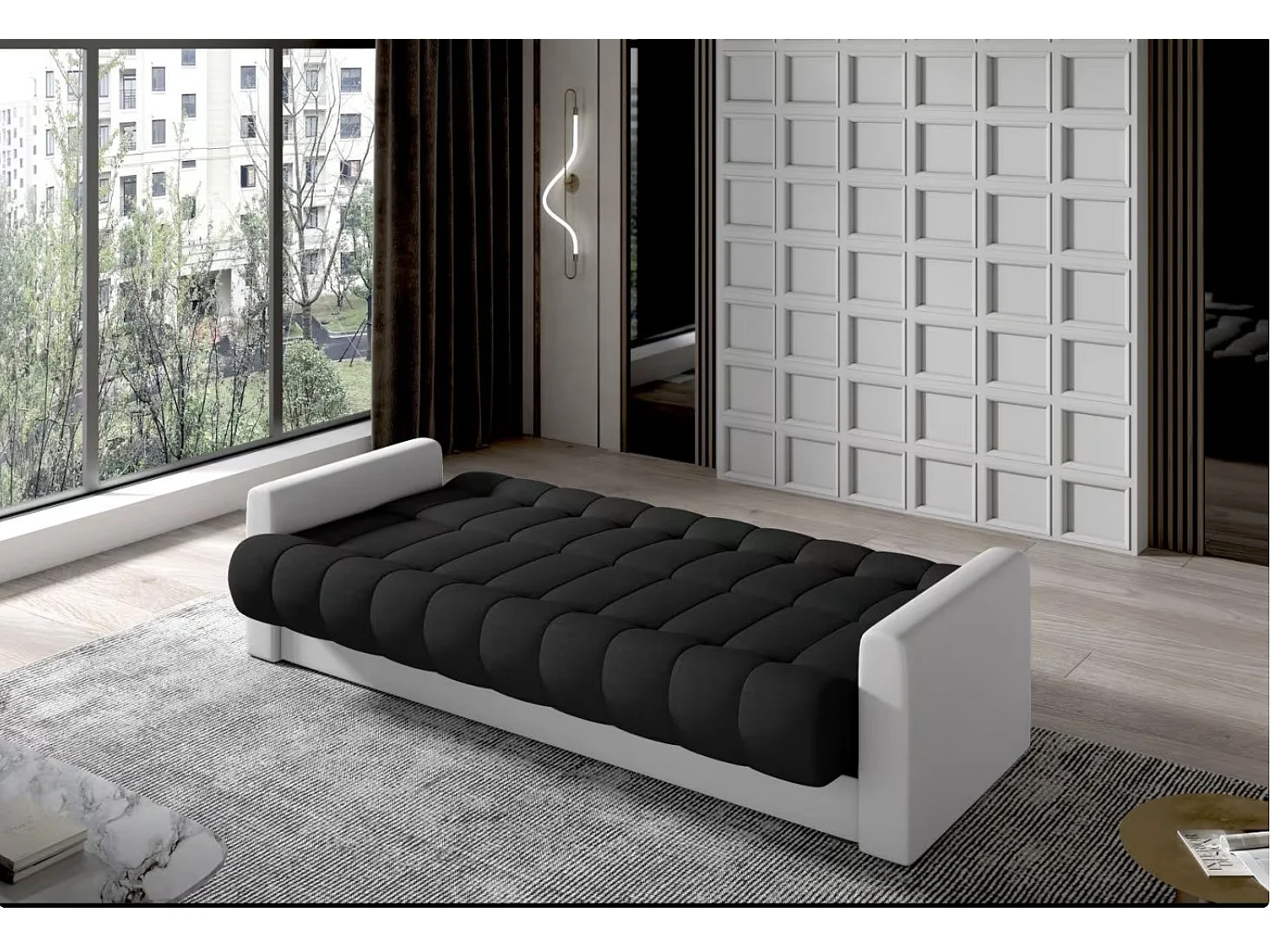 3-zits slaapbank in zwarte stof en wit kunstleer Barote 210 cm