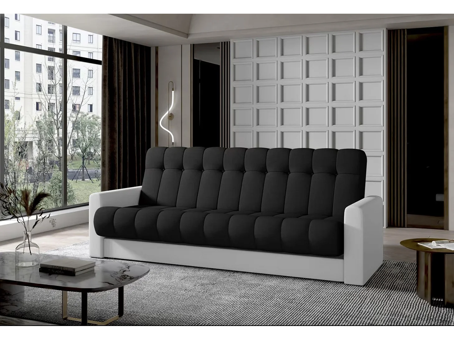 3-zits slaapbank in zwarte stof en wit kunstleer Barote 210 cm