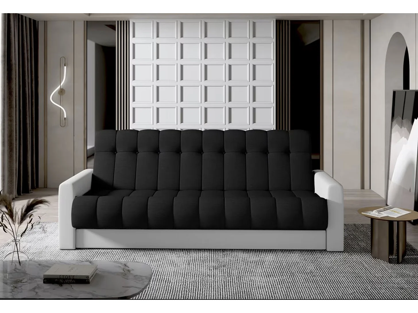 3-zits slaapbank in zwarte stof en wit kunstleer Barote 210 cm