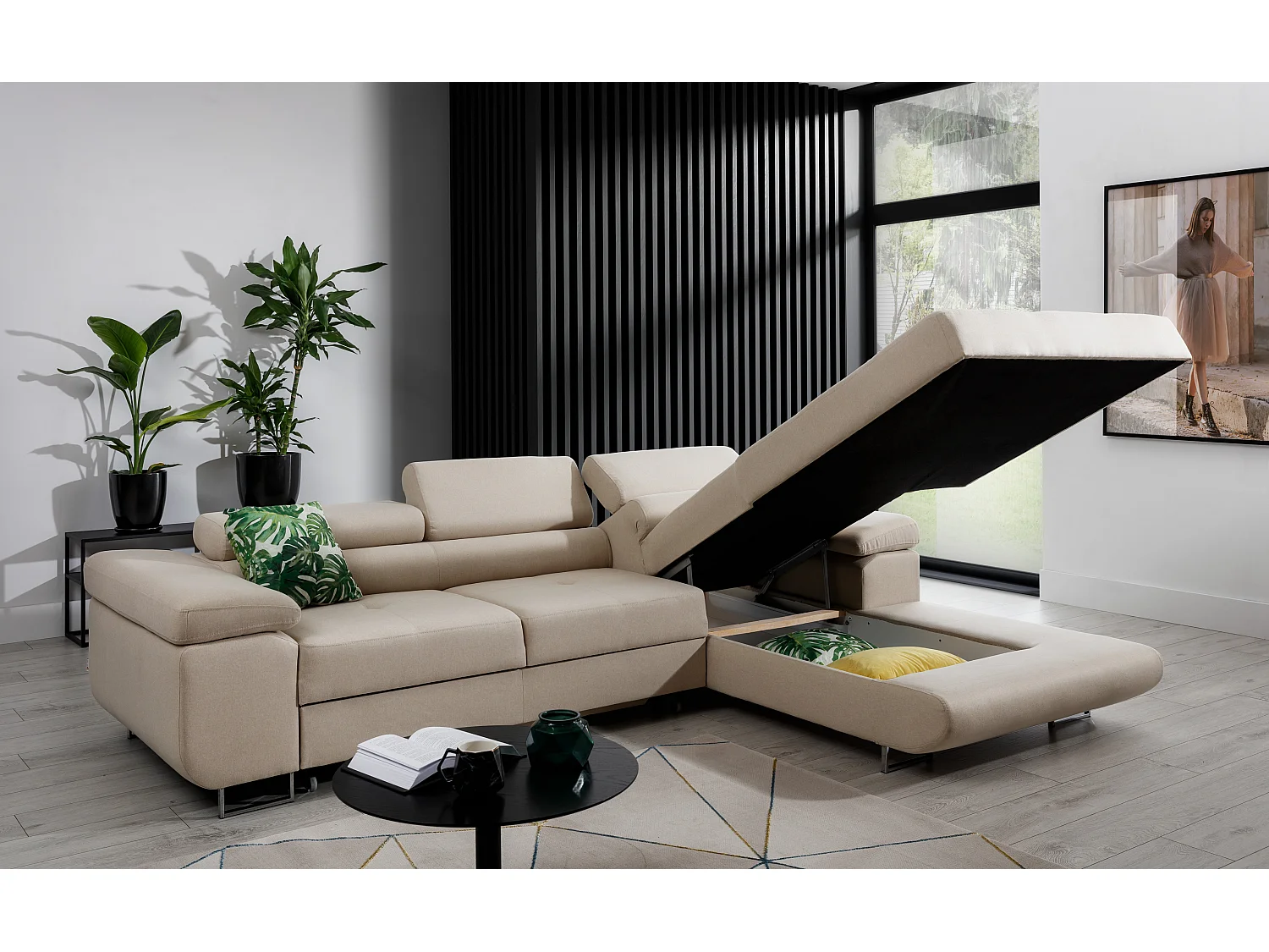 Canapé convertible d'angle droit tissu et simili cuir noir avec rangement Wile 280cm