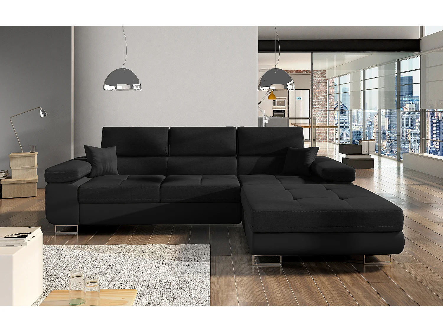 Canapé convertible d'angle droit tissu et simili cuir noir avec rangement Wile 280cm