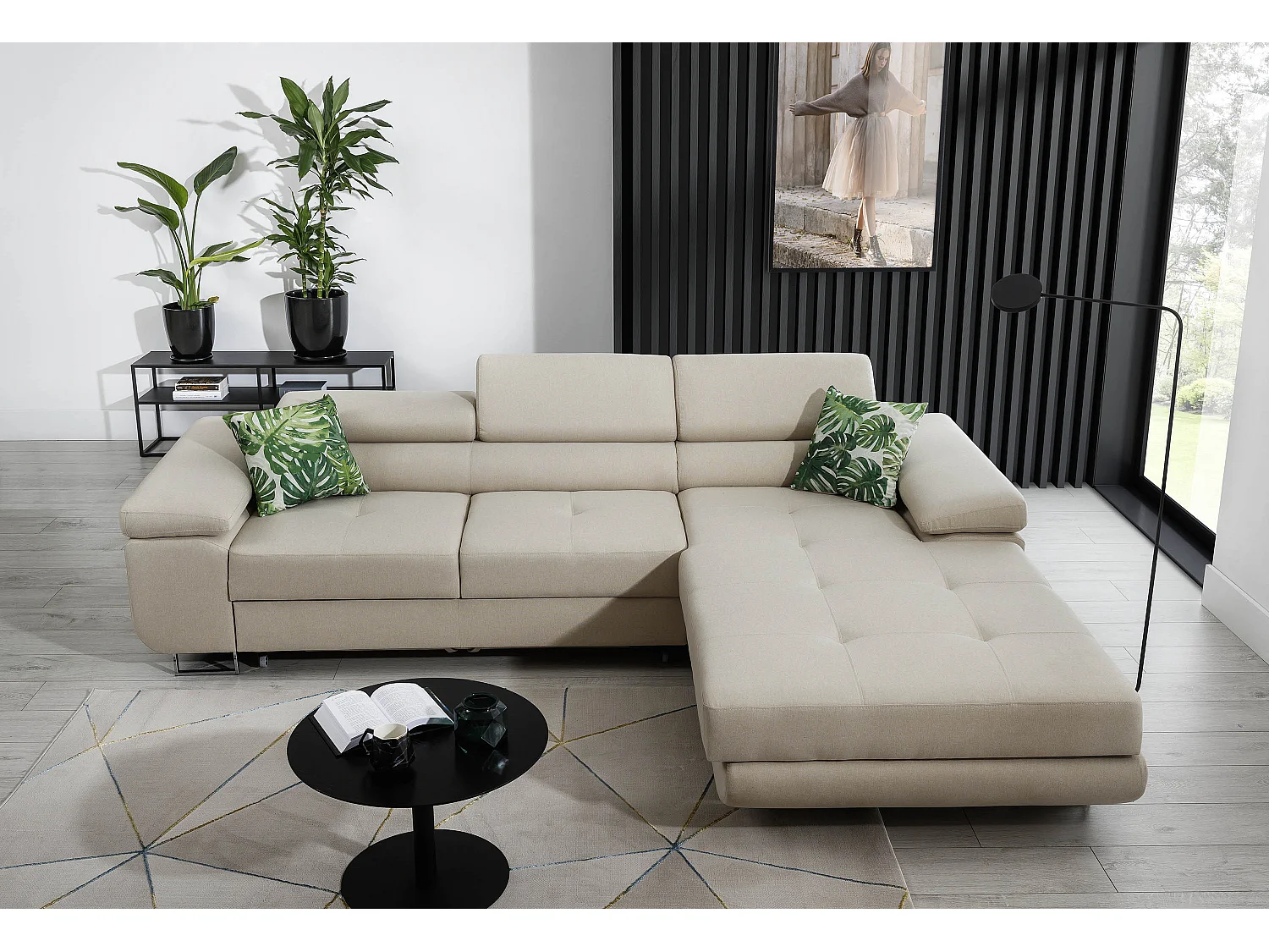 Canapé convertible d'angle droit tissu et simili cuir noir avec rangement Wile 280cm