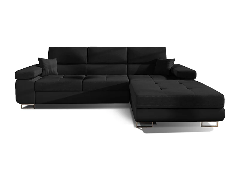 Canapé d'angle convertible appuis-tête réglables KALIZO - Coffre et pieds acier chromé-Noir/Noir-angle droit