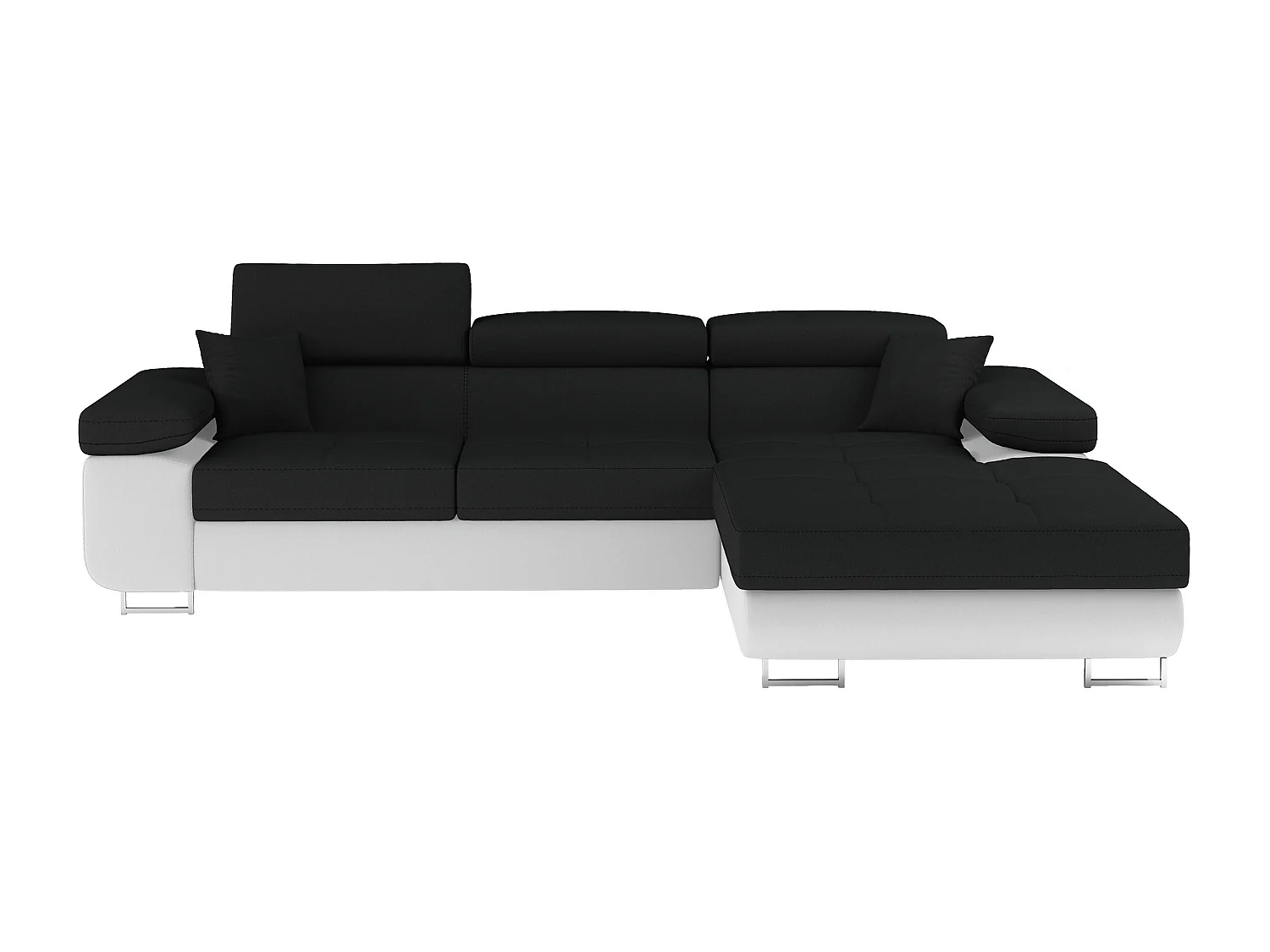 Canapé d'angle convertible Bi matière appuis-tête réglables KALIZO - Coffre et pieds acier chromé-Blanc/Noir-angle droit