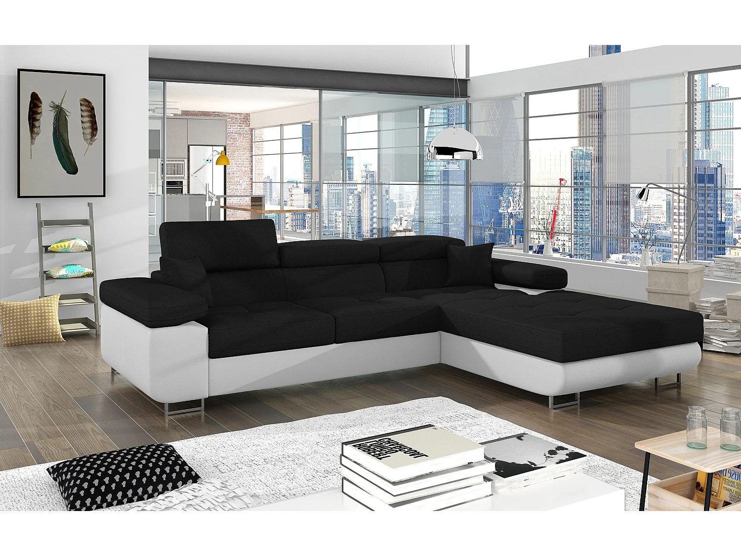 Canapé d'angle convertible Bi matière appuis-tête réglables KALIZO - Coffre et pieds acier chromé-Blanc/Noir-angle droit