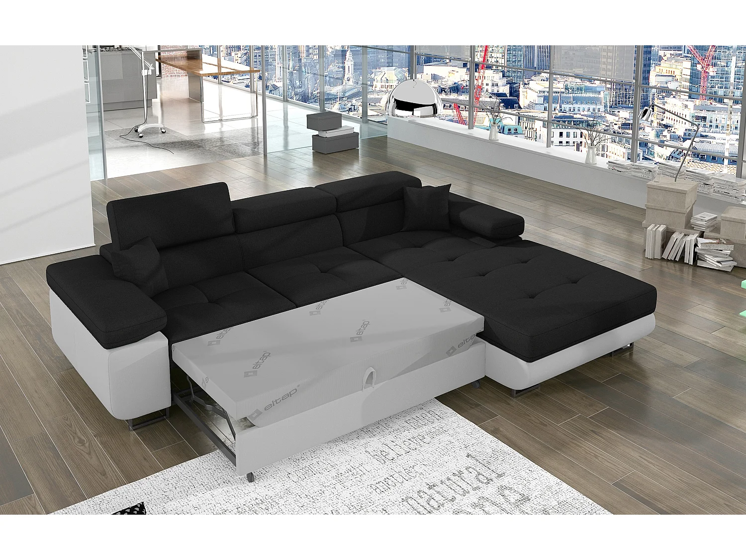 Canapé d'angle convertible Bi matière appuis-tête réglables KALIZO - Coffre et pieds acier chromé-Blanc/Noir-angle droit