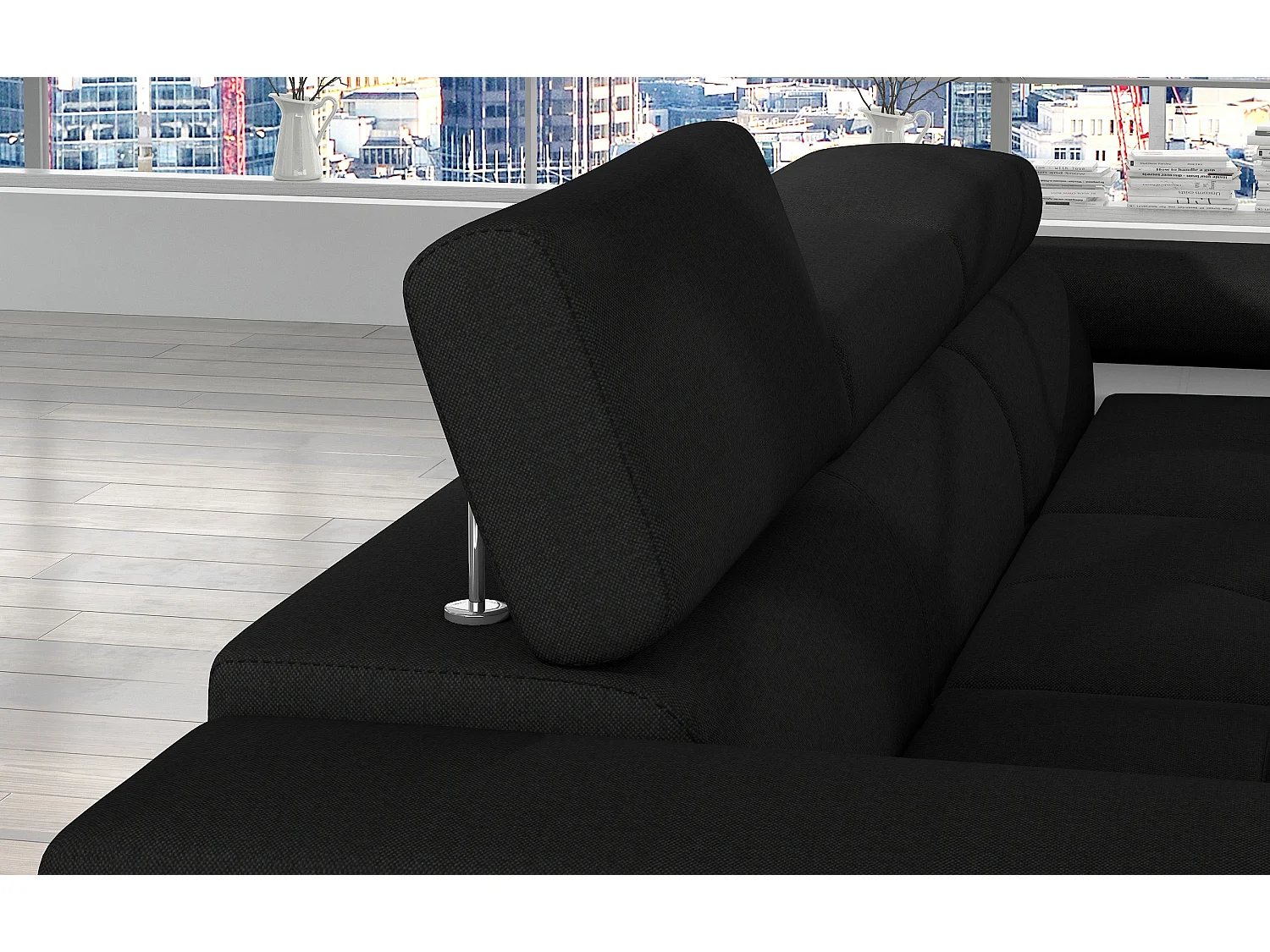 Canapé d'angle convertible Bi matière appuis-tête réglables KALIZO - Coffre et pieds acier chromé-Blanc/Noir-angle droit