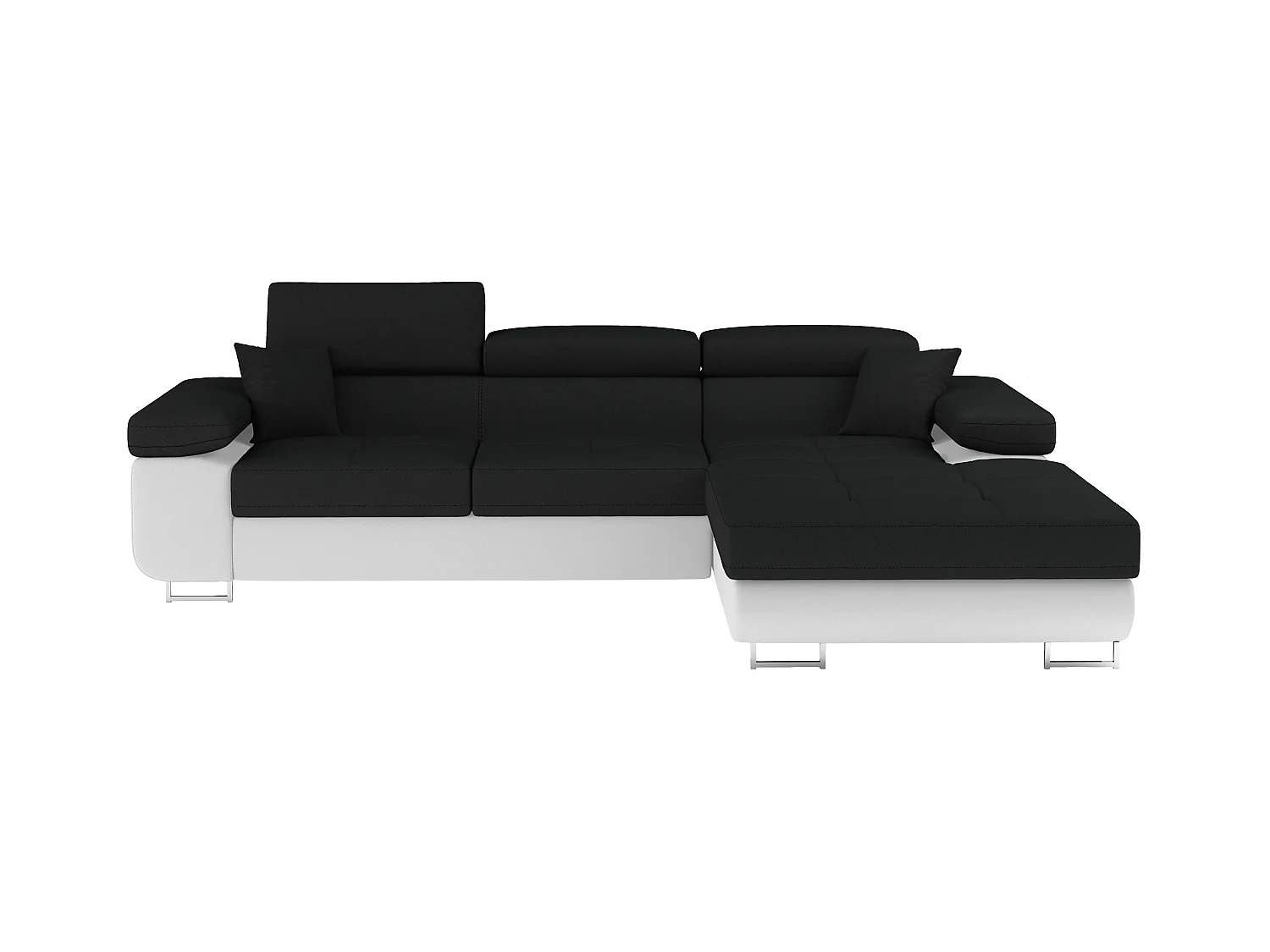 Canapé d'angle convertible Bi matière appuis-tête réglables KALIZO - Coffre et pieds acier chromé-Blanc/Noir-angle droit