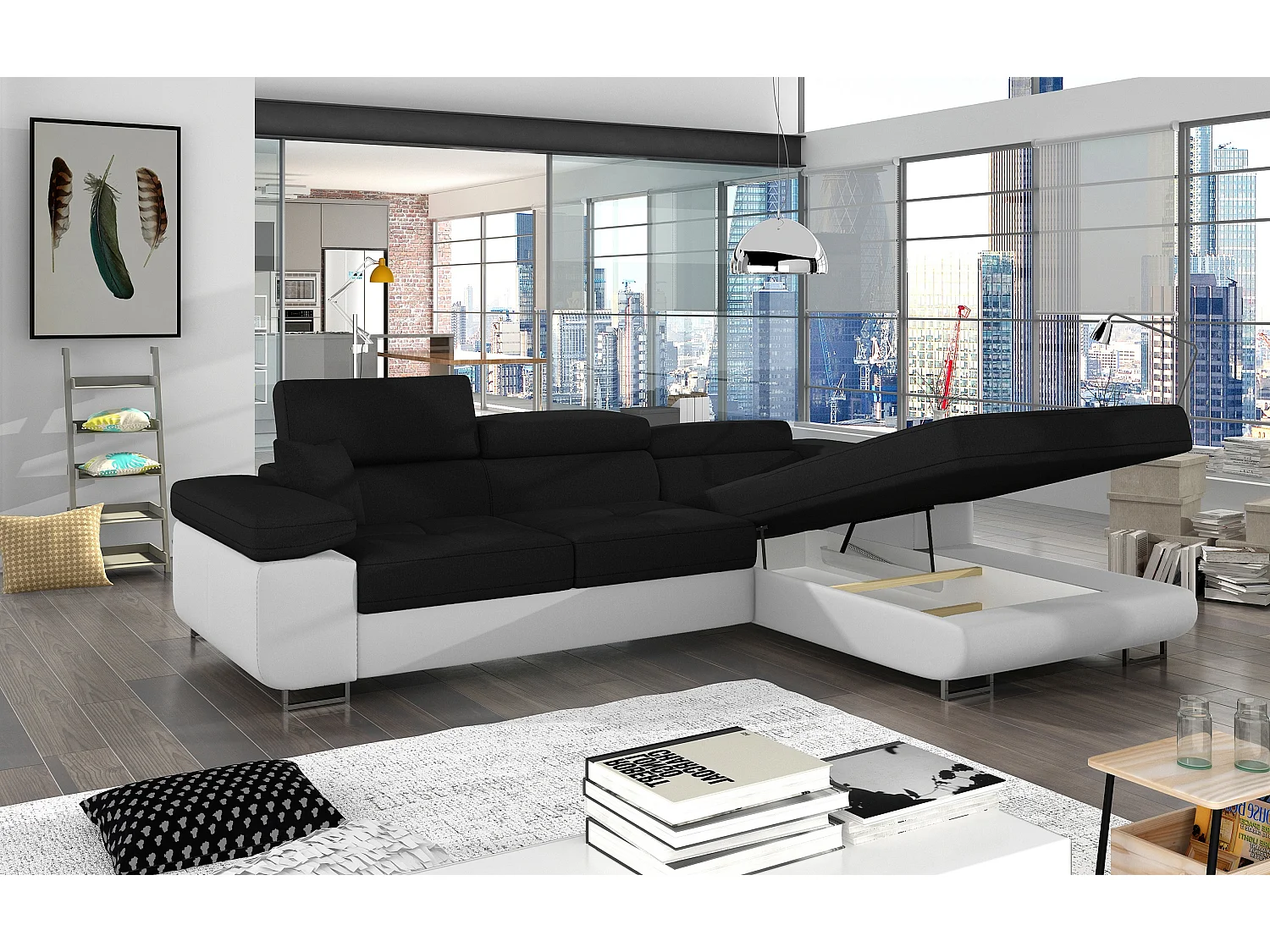 Canapé d'angle convertible Bi matière appuis-tête réglables KALIZO - Coffre et pieds acier chromé-Blanc/Noir-angle droit