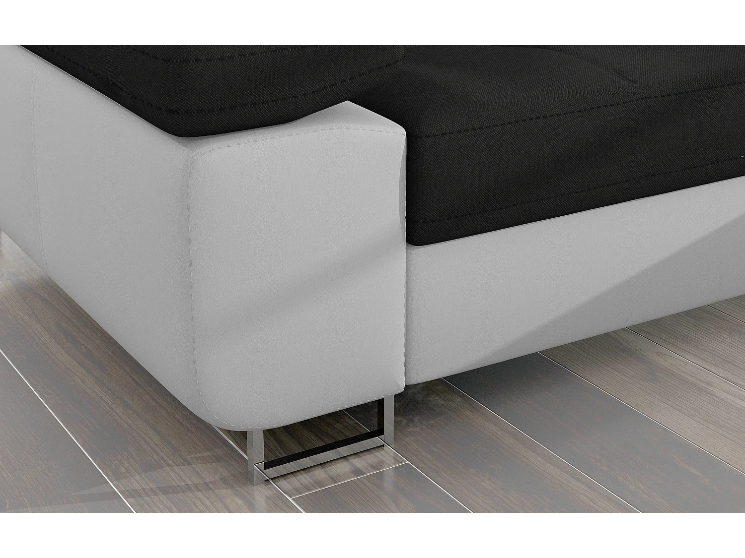 Canapé d'angle convertible Bi matière appuis-tête réglables KALIZO - Coffre et pieds acier chromé-Blanc/Noir-angle droit