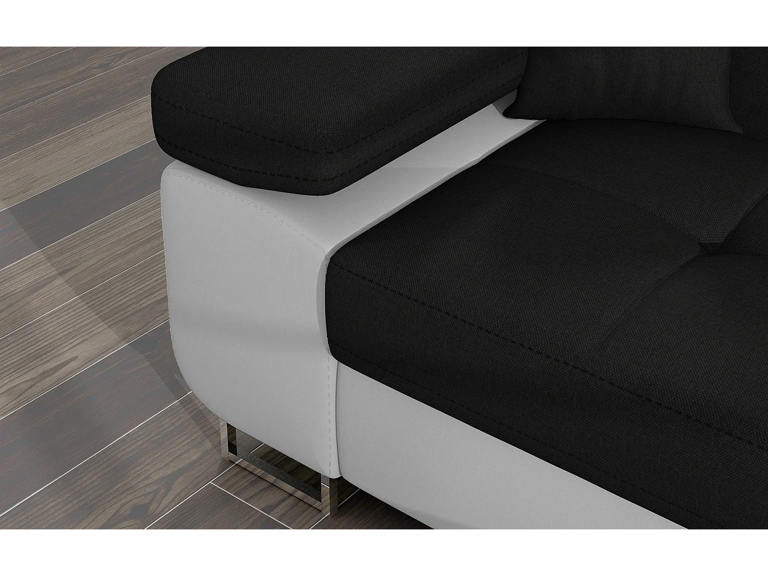 Canapé d'angle convertible Bi matière appuis-tête réglables KALIZO - Coffre et pieds acier chromé-Blanc/Noir-angle droit