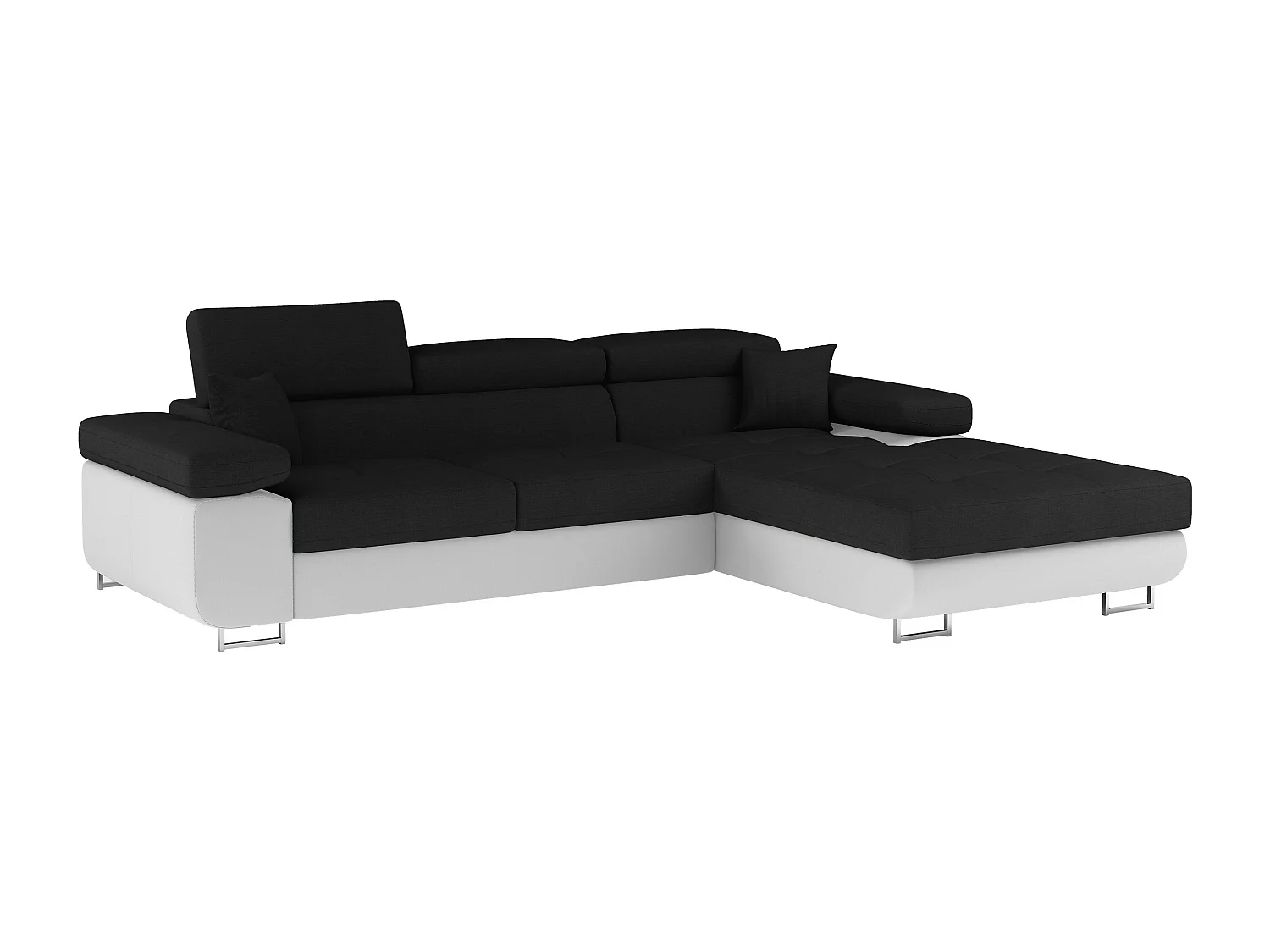 Canapé d'angle convertible Bi matière appuis-tête réglables KALIZO - Coffre et pieds acier chromé-Blanc/Noir-angle droit