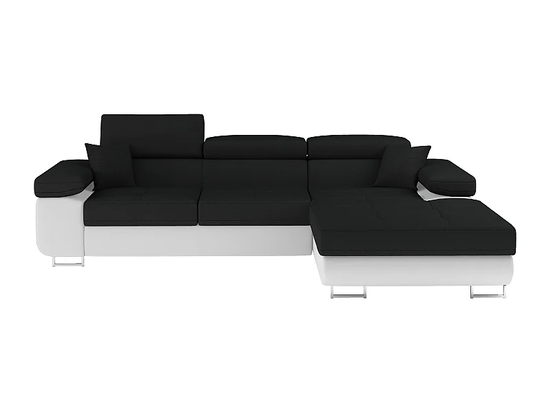 Canapé d'angle convertible Bi matière appuis-tête réglables KALIZO - Coffre et pieds acier chromé-Blanc/Noir-angle droit