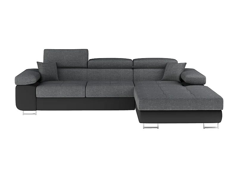 Canapé d'angle convertible Bi matière appuis-tête réglables KALIZO - Coffre et pieds acier chromé-Noir/Gris foncé-angle droit