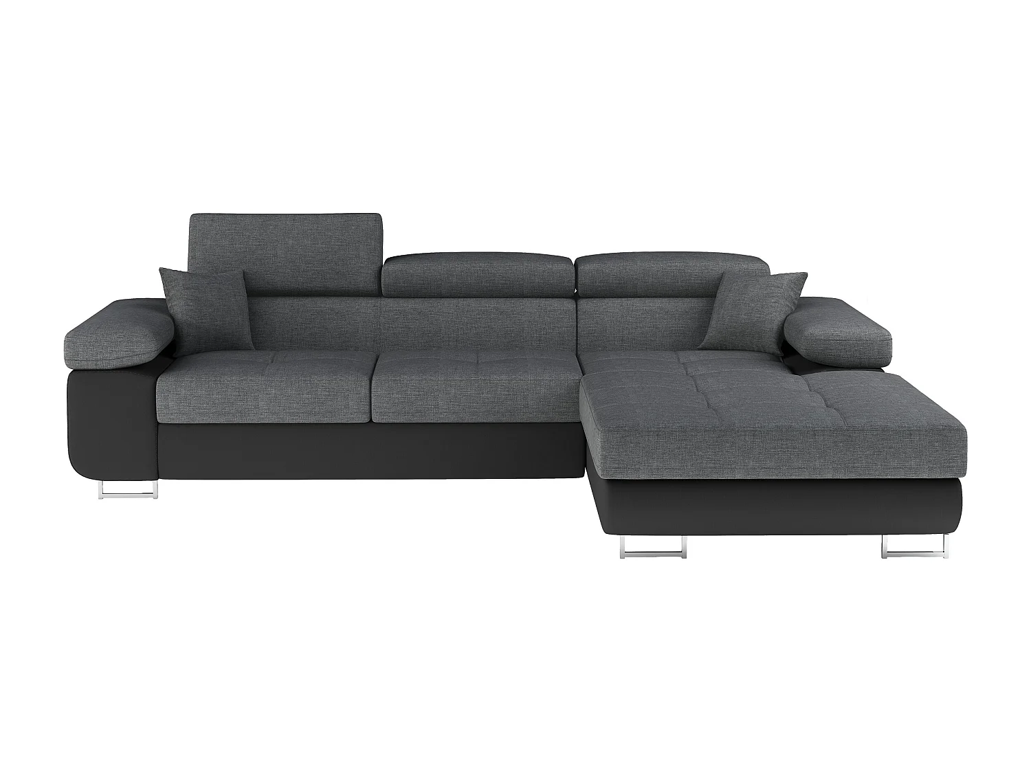 Canapé d'angle convertible Bi matière appuis-tête réglables KALIZO - Coffre et pieds acier chromé-Noir/Gris foncé-angle droit