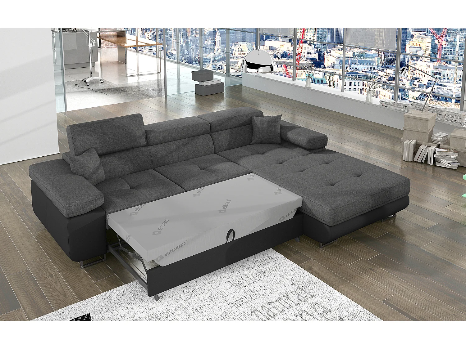 Canapé d'angle convertible Bi matière appuis-tête réglables KALIZO - Coffre et pieds acier chromé-Noir/Gris foncé-angle droit