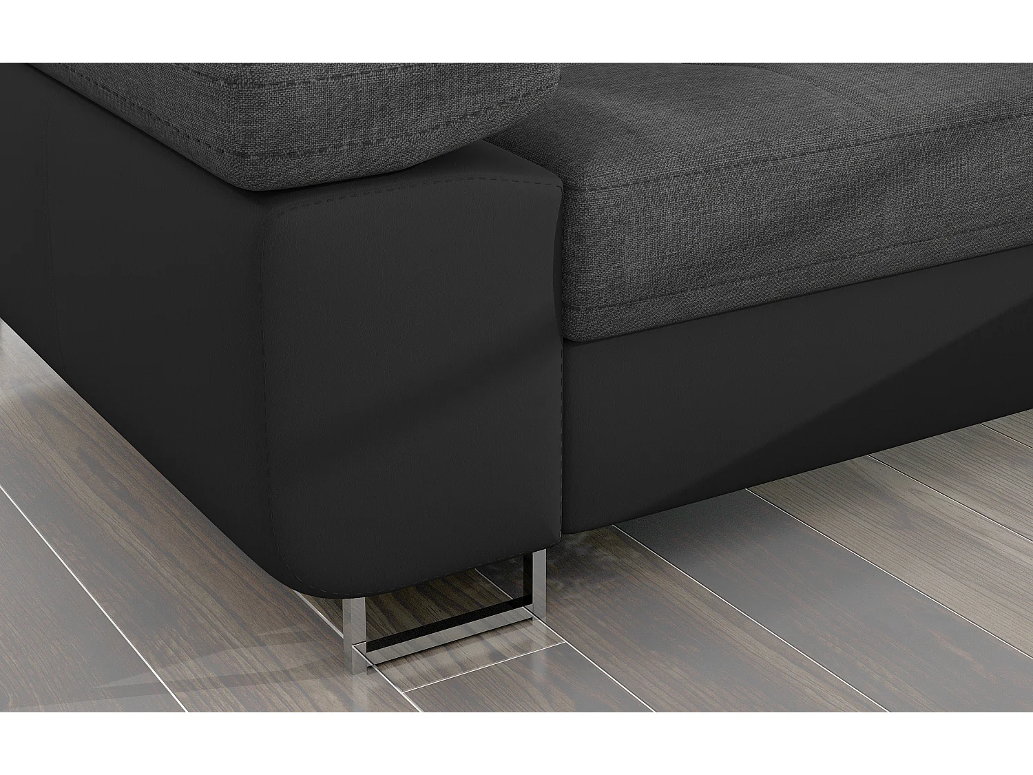 Canapé d'angle convertible Bi matière appuis-tête réglables KALIZO - Coffre et pieds acier chromé-Noir/Gris foncé-angle droit