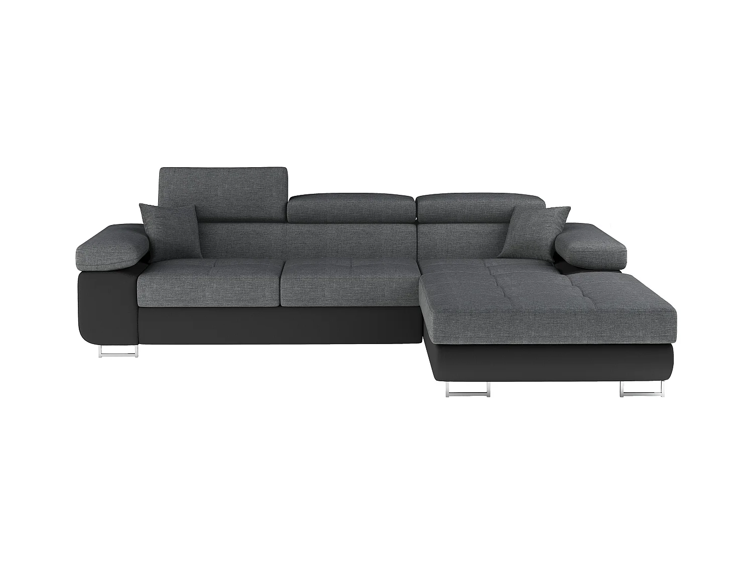 Canapé d'angle convertible Bi matière appuis-tête réglables KALIZO - Coffre et pieds acier chromé-Noir/Gris foncé-angle droit