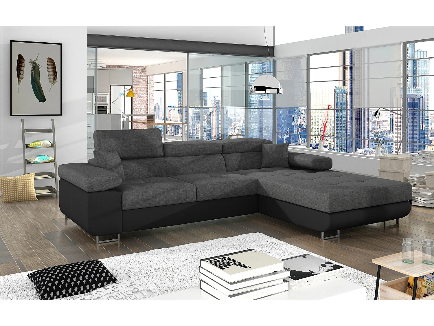 Canapé d'angle convertible Bi matière appuis-tête réglables KALIZO - Coffre et pieds acier chromé-Noir/Gris foncé-angle droit