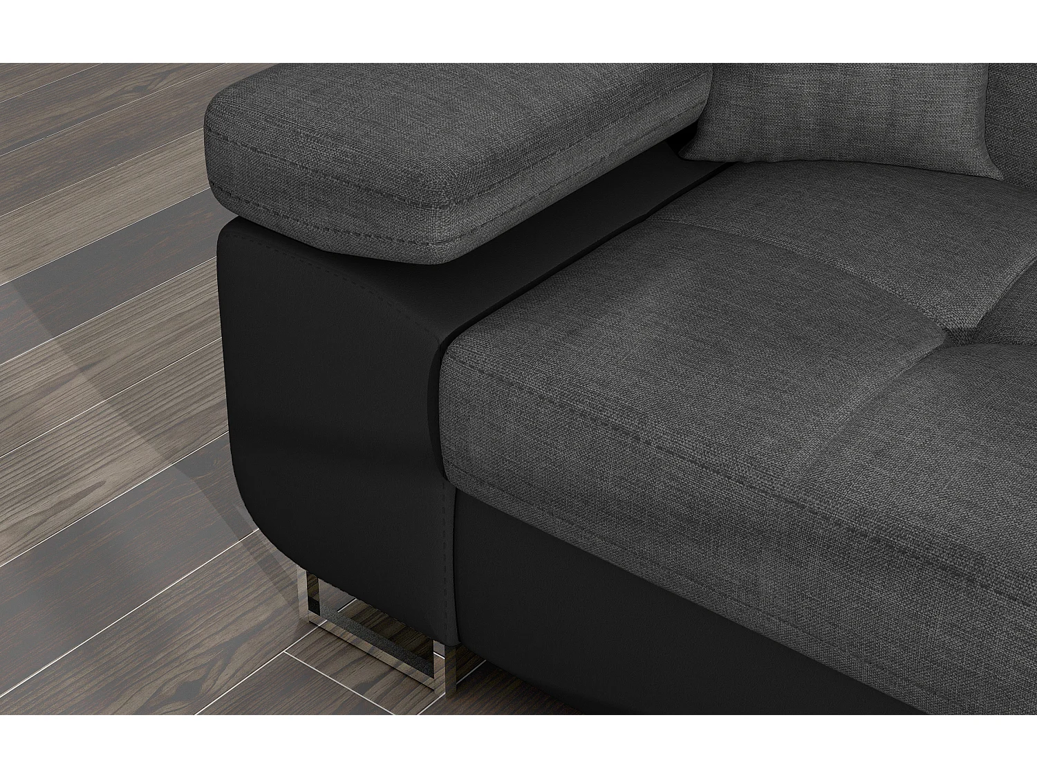 Canapé d'angle convertible Bi matière appuis-tête réglables KALIZO - Coffre et pieds acier chromé-Noir/Gris foncé-angle droit