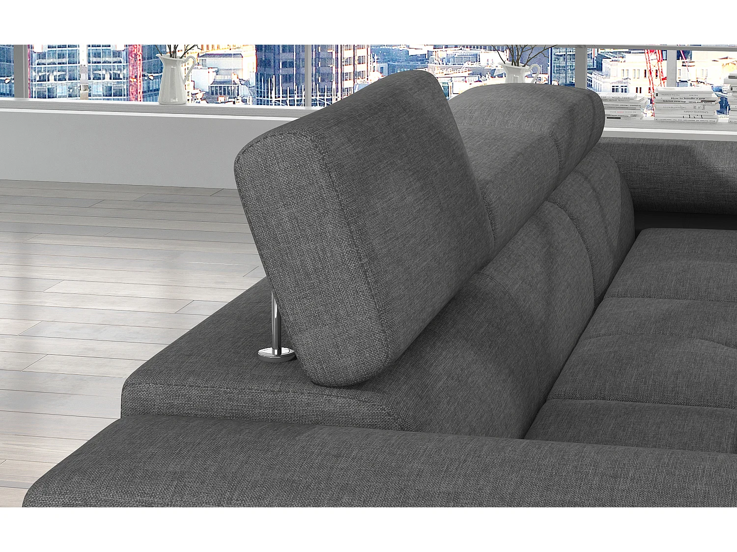 Canapé d'angle convertible Bi matière appuis-tête réglables KALIZO - Coffre et pieds acier chromé-Noir/Gris foncé-angle droit